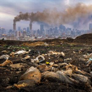 Toxic waste from human hands Industries that create pollution and cities that are affected by pollution.